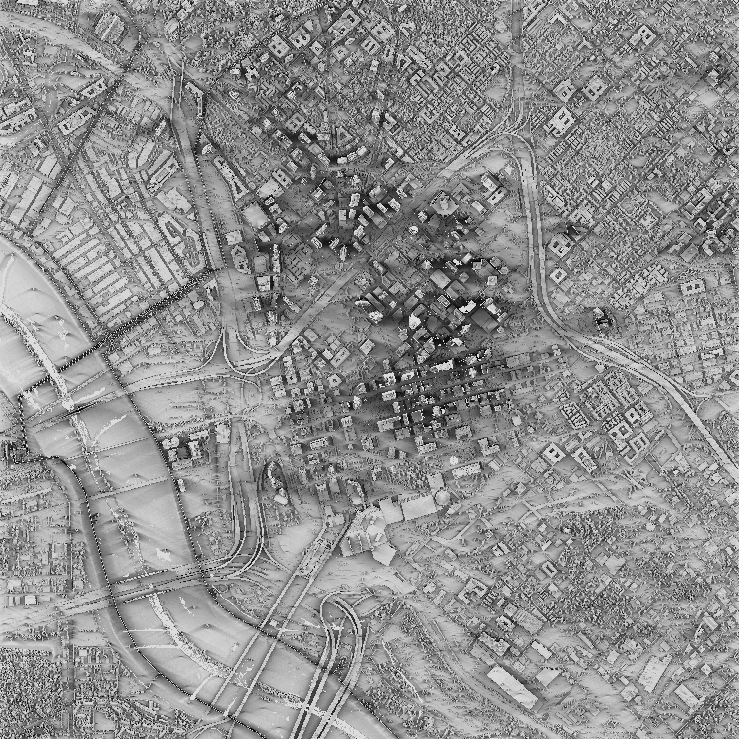 Grayscale image of downtown Dallas, Texas, with depth of color determined by average shadow during spring equinox.